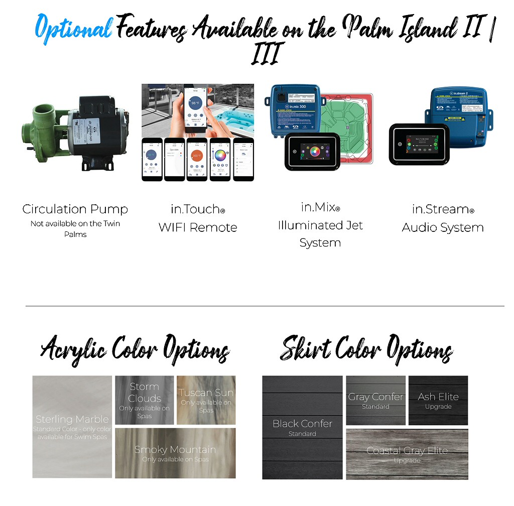 Dynasty Spas Hot Tubs - Oasis Collection - Palm Island Hot Tub Optional Features and Colors