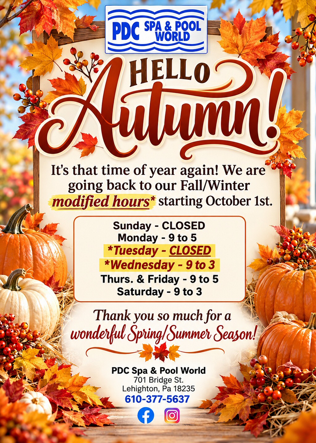 PDC Spa and Pool World Lehighton PA Fall Winter Hours 2026