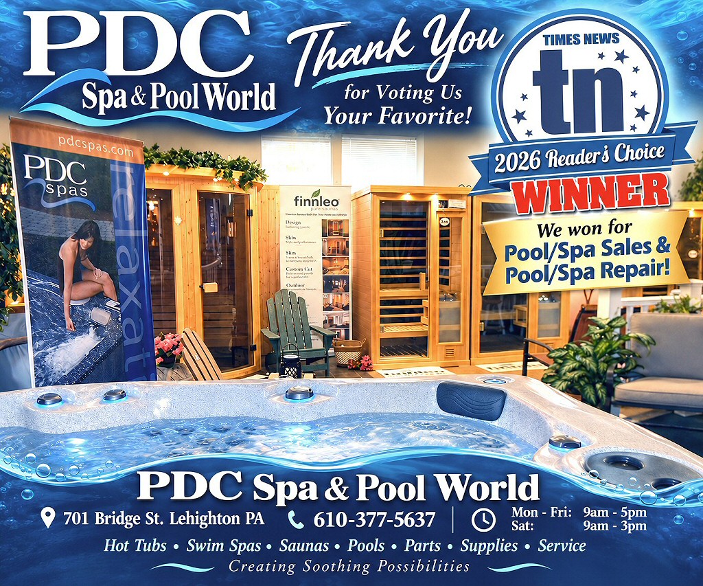 PDC Spa & Pool World Winners of Best Pool & Spa Sales AND Best Pool & Spa Repairs! Times News Readers Choice Contest 2026!